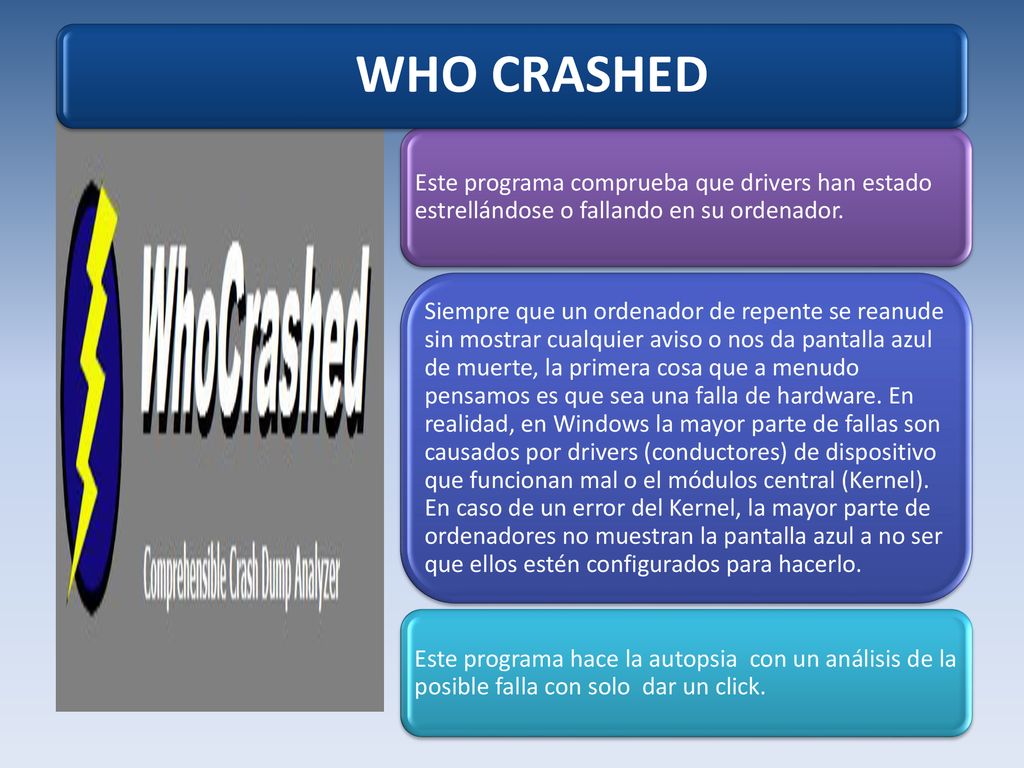 WHO CRASHED Este programa comprueba que drivers han estado estrellándose o fallando en su ordenador.