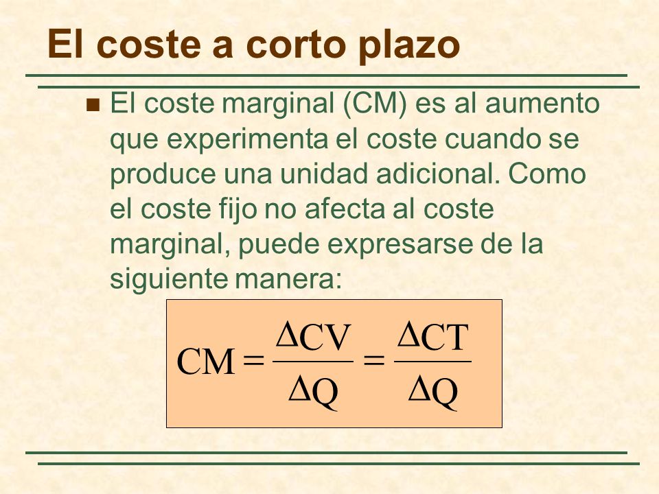 El coste a corto plazo D D CV CT = = CM D D Q Q