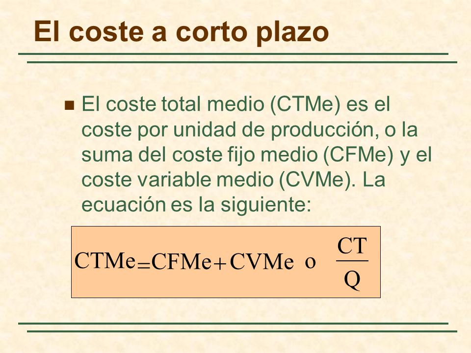 El coste a corto plazo CT CTMe = CFMe + CVMe o Q