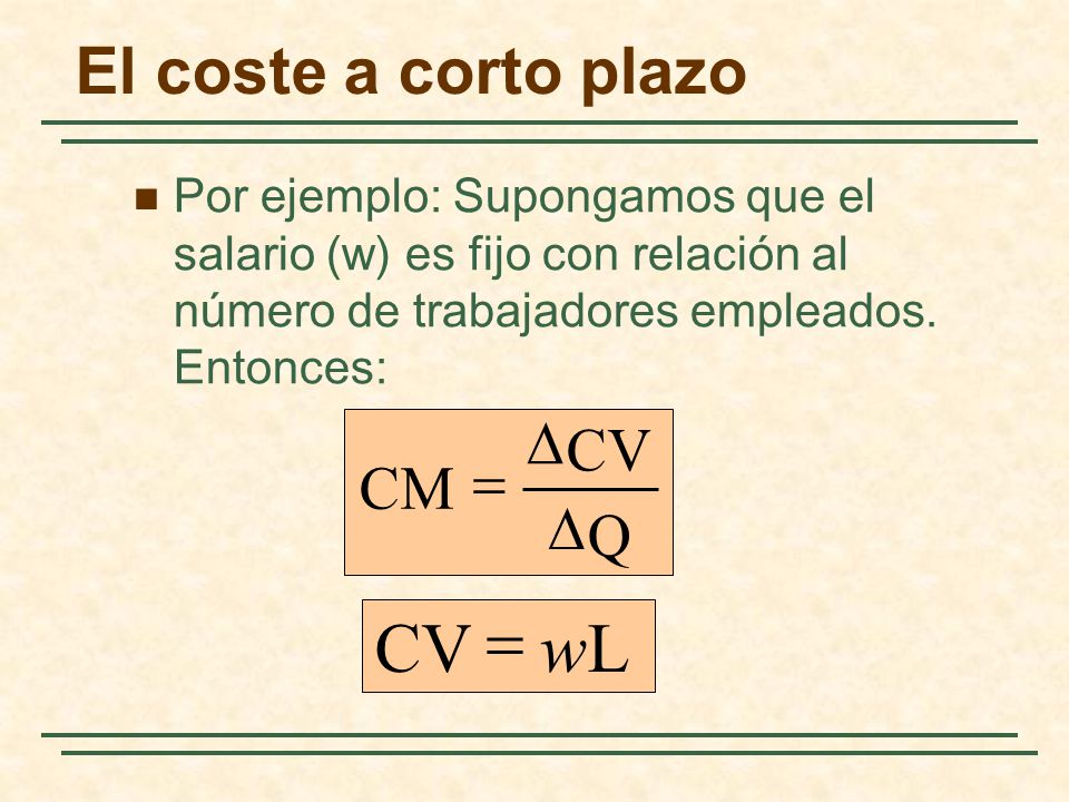 = CV w L El coste a corto plazo D CV = CM D Q