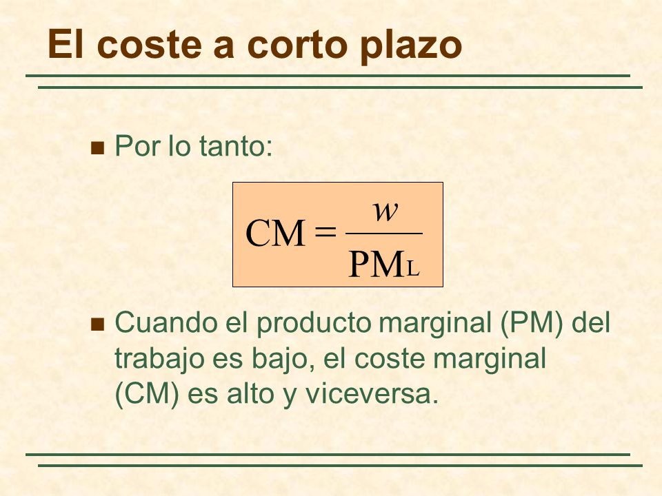 El coste a corto plazo w = CM PM Por lo tanto: