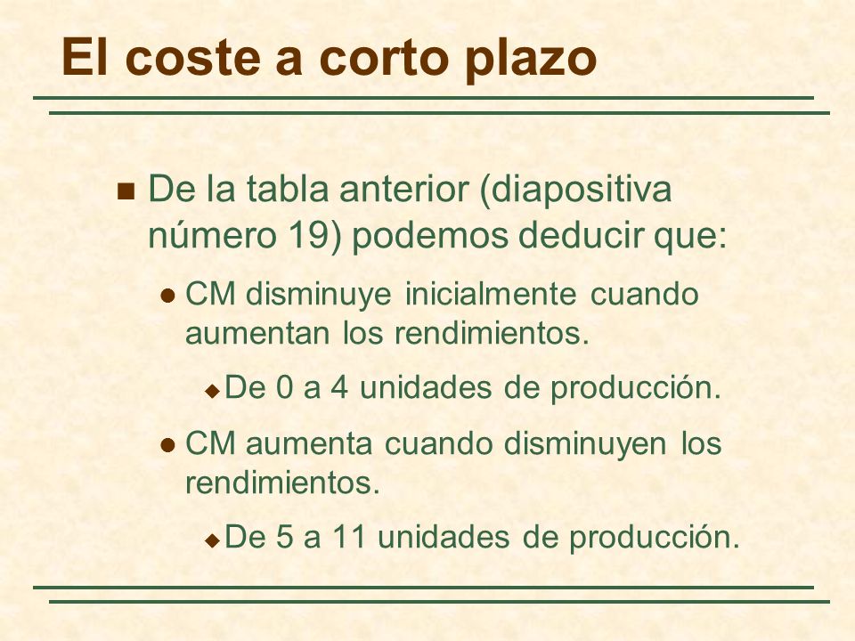 El coste a corto plazo De la tabla anterior (diapositiva número 19) podemos deducir que: