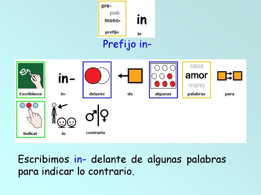 Prefijo in- Escribimos in- delante de algunas palabras para indicar lo contrario.