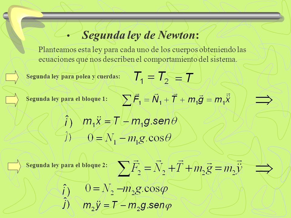 Segunda ley de Newton: Planteamos esta ley para cada uno de los cuerpos obteniendo las ecuaciones que nos describen el comportamiento del sistema.