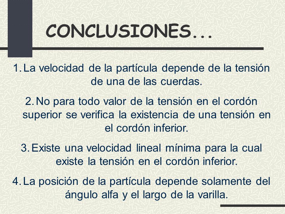 CONCLUSIONES... La velocidad de la partícula depende de la tensión de una de las cuerdas.
