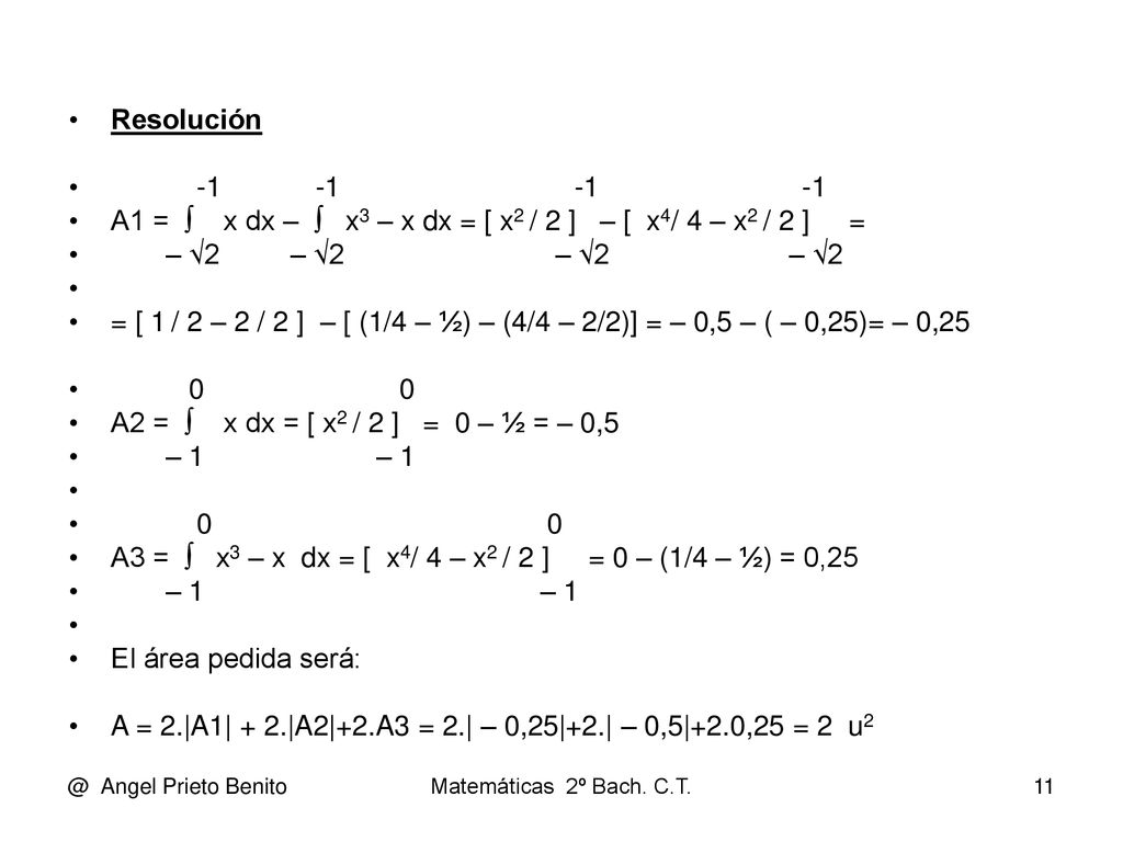 A1 = ∫ x dx – ∫ x3 – x dx = [ x2 / 2 ] – [ x4/ 4 – x2 / 2 ] =