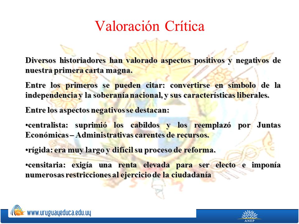 Valoración Crítica Diversos historiadores han valorado aspectos positivos y negativos de nuestra primera carta magna.