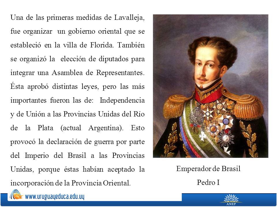 Una de las primeras medidas de Lavalleja, fue organizar un gobierno oriental que se estableció en la villa de Florida. También se organizó la elección de diputados para integrar una Asamblea de Representantes. Ésta aprobó distintas leyes, pero las más importantes fueron las de: Independencia y de Unión a las Provincias Unidas del Río de la Plata (actual Argentina). Esto provocó la declaración de guerra por parte del Imperio del Brasil a las Provincias Unidas, porque éstas habían aceptado la incorporación de la Provincia Oriental.