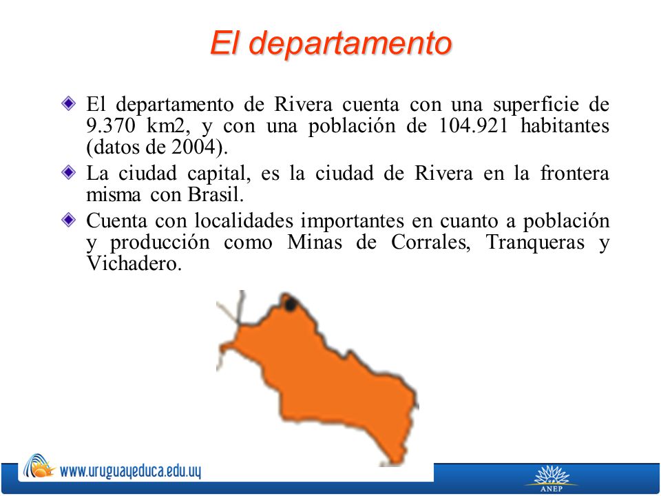 El departamento El departamento de Rivera cuenta con una superficie de km2, y con una población de habitantes (datos de 2004).
