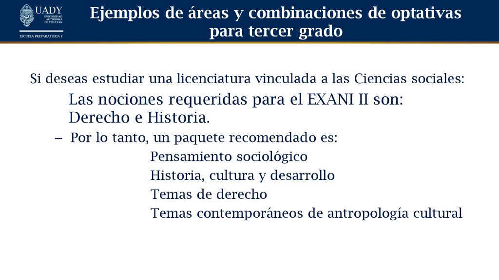 Ejemplos de áreas y combinaciones de optativas para tercer grado