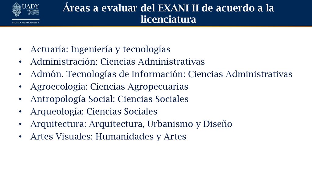 Áreas a evaluar del EXANI II de acuerdo a la licenciatura