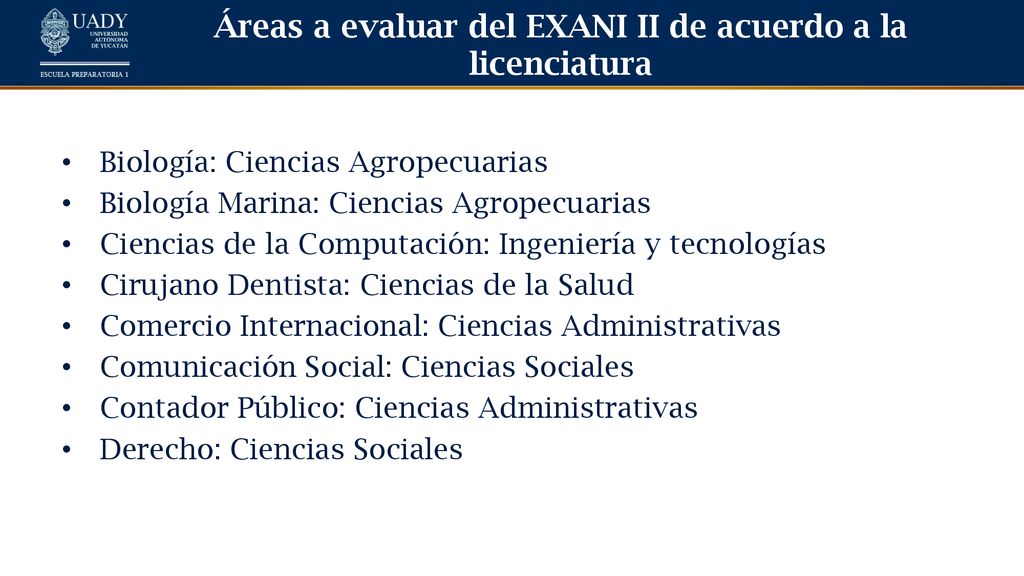 Áreas a evaluar del EXANI II de acuerdo a la licenciatura