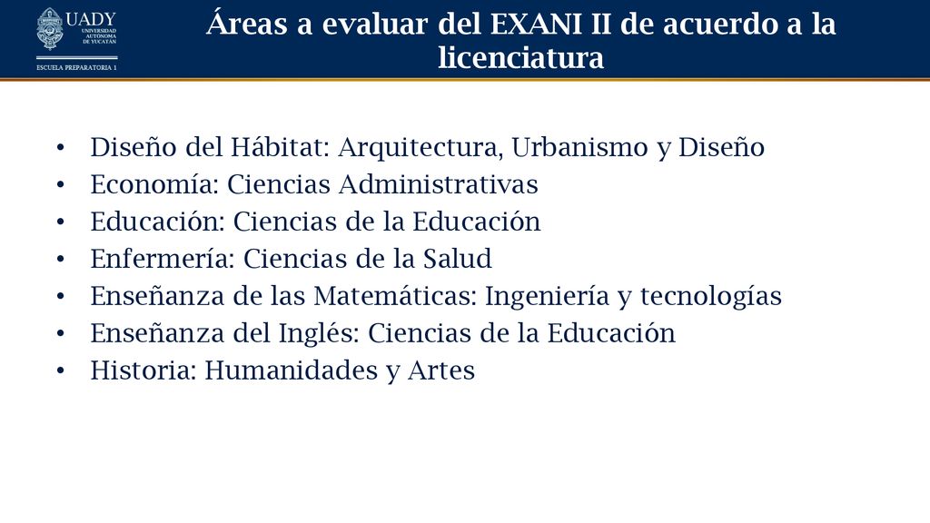 Áreas a evaluar del EXANI II de acuerdo a la licenciatura