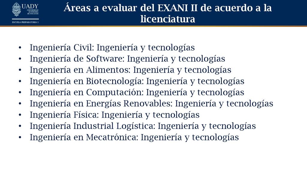 Áreas a evaluar del EXANI II de acuerdo a la licenciatura
