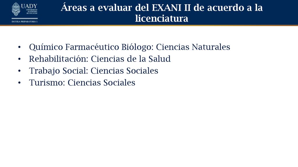 Áreas a evaluar del EXANI II de acuerdo a la licenciatura