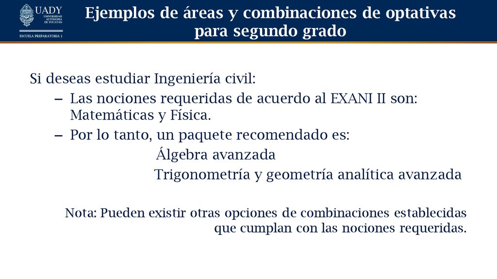 Ejemplos de áreas y combinaciones de optativas para segundo grado