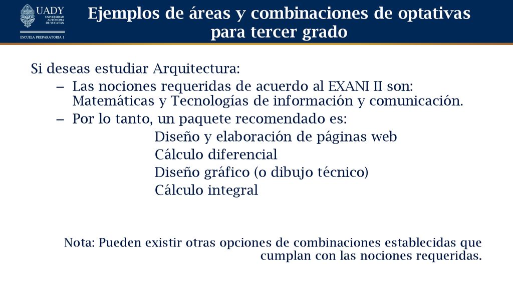 Ejemplos de áreas y combinaciones de optativas para tercer grado