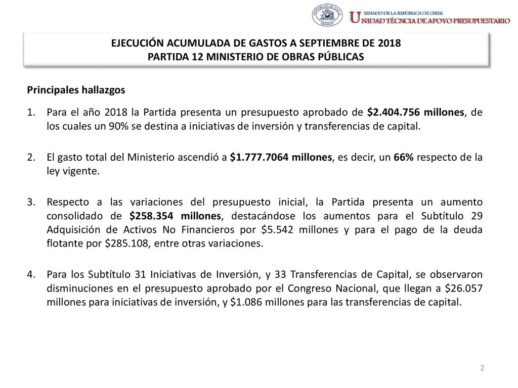 EJECUCIÓN ACUMULADA DE GASTOS A SEPTIEMBRE DE 2018 PARTIDA 12 MINISTERIO DE OBRAS PÚBLICAS