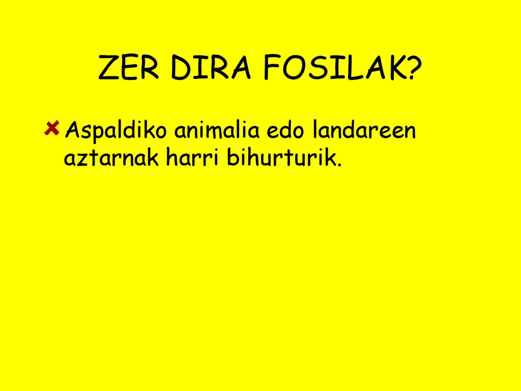 ZER DIRA FOSILAK Aspaldiko animalia edo landareen aztarnak harri bihurturik.