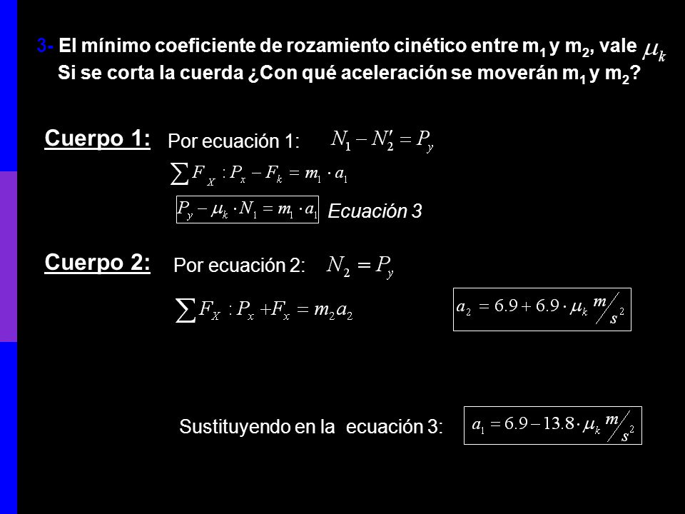 3- El mínimo coeficiente de rozamiento cinético entre m1 y m2, vale