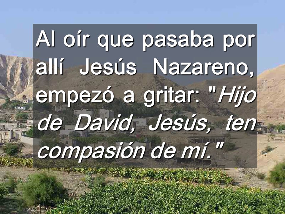 Al oír que pasaba por allí Jesús Nazareno, empezó a gritar: Hijo de David, Jesús, ten compasión de mí.