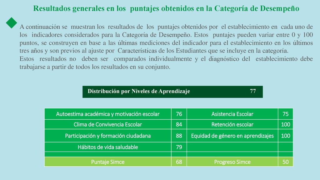 Resultados generales en los puntajes obtenidos en la Categoría de Desempeño