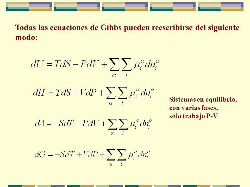 Todas las ecuaciones de Gibbs pueden reescribirse del siguiente modo: