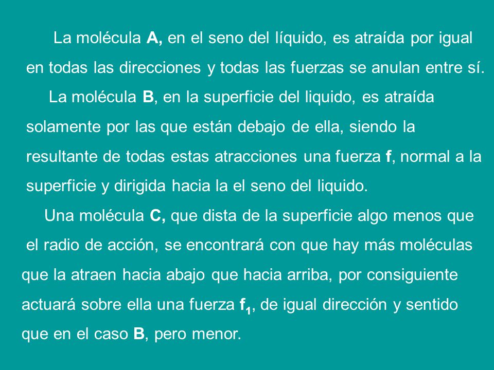 La molécula A, en el seno del líquido, es atraída por igual