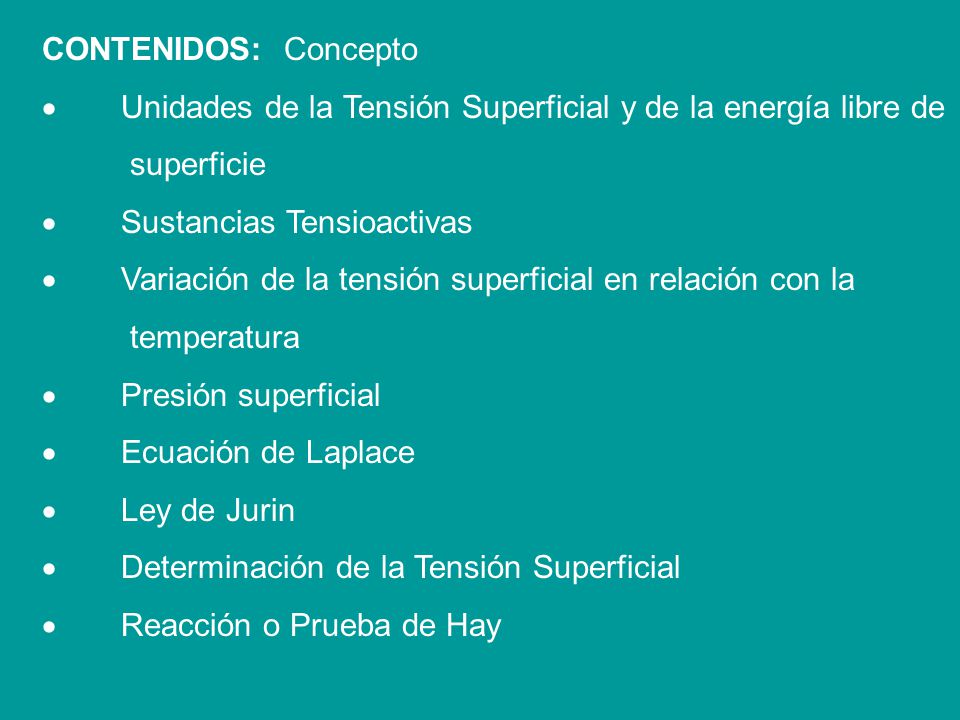 CONTENIDOS: Concepto · Unidades de la Tensión Superficial y de la energía libre de. superficie.