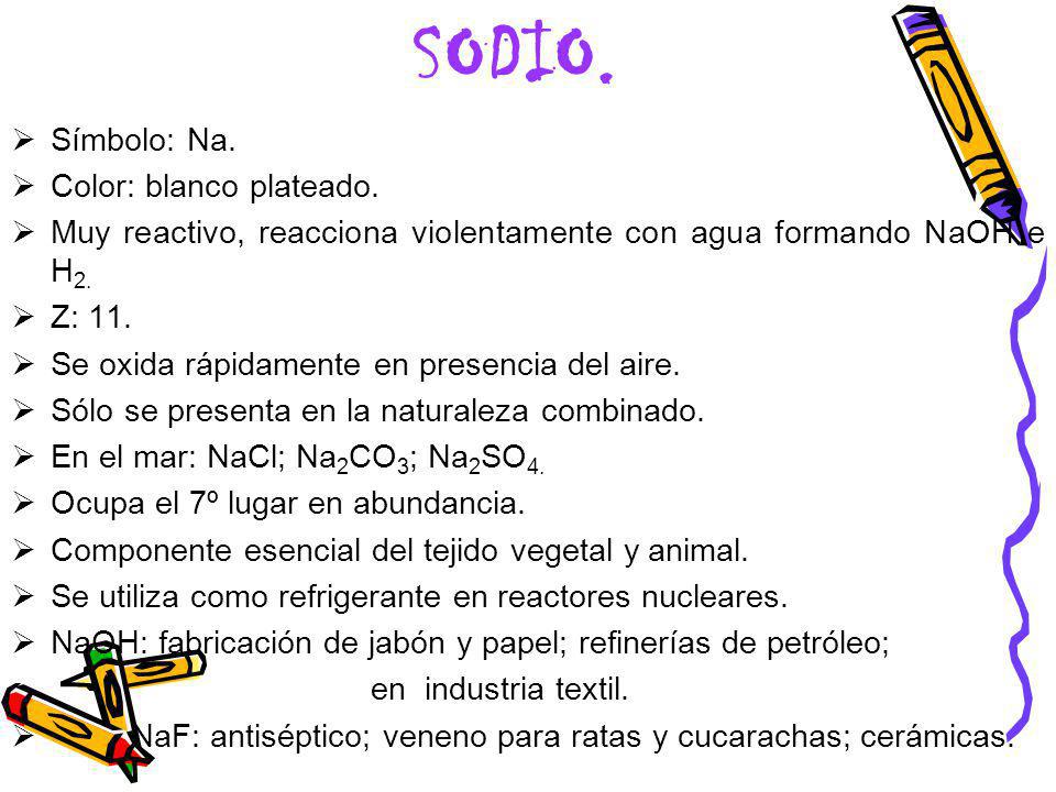 SODIO. Símbolo: Na. Color: blanco plateado.
