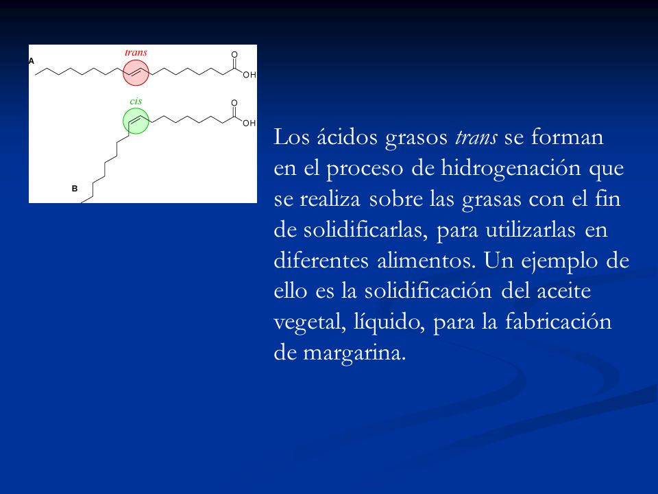 Los ácidos grasos trans se forman en el proceso de hidrogenación que se realiza sobre las grasas con el fin de solidificarlas, para utilizarlas en diferentes alimentos.