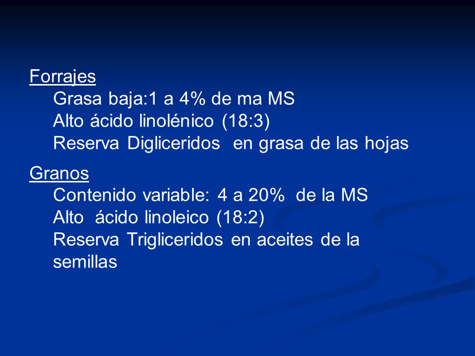 Forrajes Grasa baja:1 a 4% de ma MS. Alto ácido linolénico (18:3) Reserva Digliceridos en grasa de las hojas.