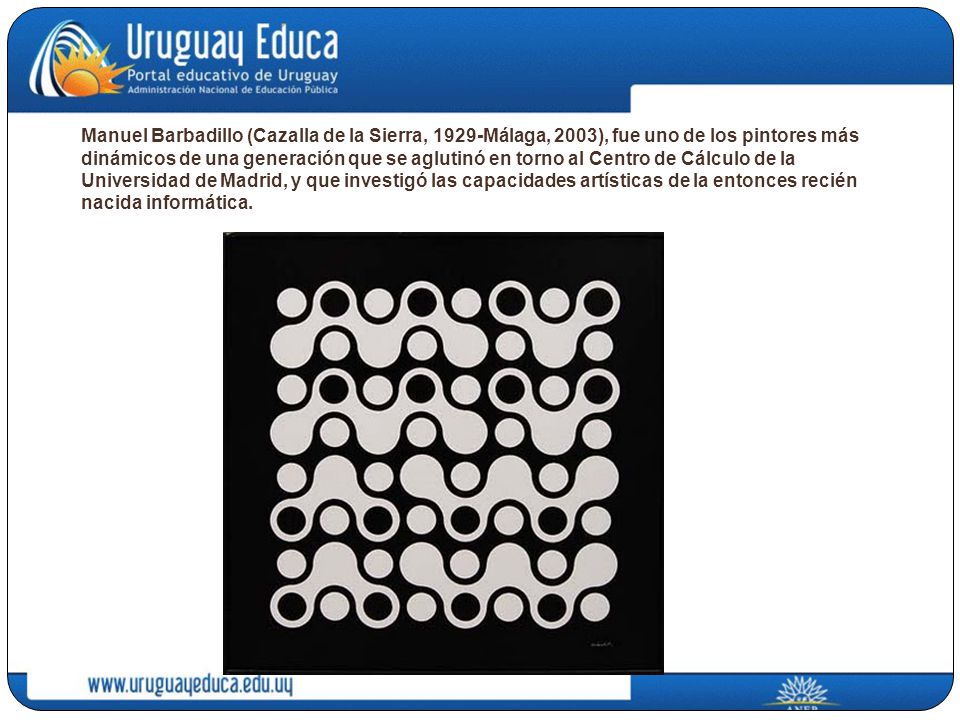 Manuel Barbadillo (Cazalla de la Sierra, 1929-Málaga, 2003), fue uno de los pintores más dinámicos de una generación que se aglutinó en torno al Centro de Cálculo de la Universidad de Madrid, y que investigó las capacidades artísticas de la entonces recién nacida informática.