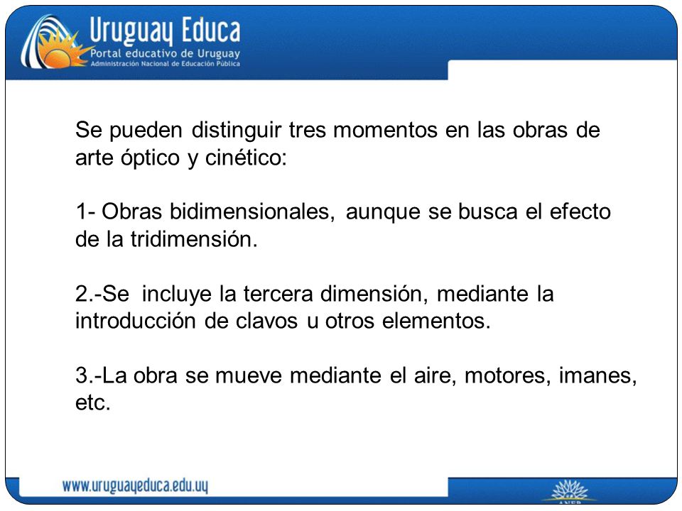 Se pueden distinguir tres momentos en las obras de arte óptico y cinético: 1- Obras bidimensionales, aunque se busca el efecto de la tridimensión.