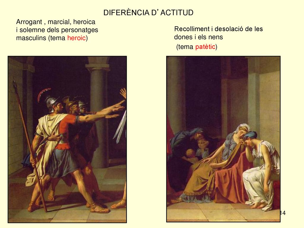 DIFERÈNCIA D’ACTITUD Arrogant , marcial, heroica i solemne dels personatges masculins (tema heroic)