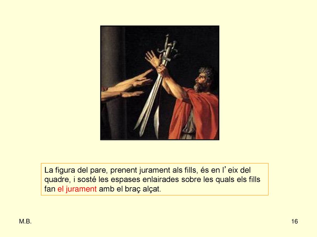 La figura del pare, prenent jurament als fills, és en l’eix del quadre, i sosté les espases enlairades sobre les quals els fills fan el jurament amb el braç alçat.