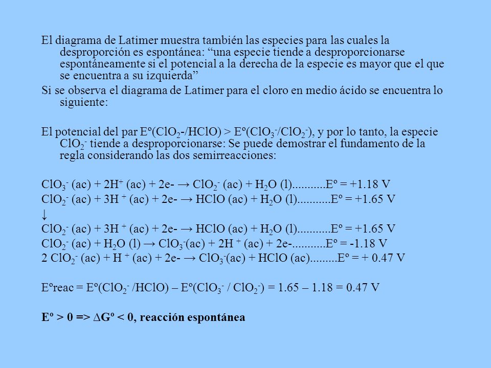 El diagrama de Latimer muestra también las especies para las cuales la desproporción es espontánea: una especie tiende a desproporcionarse espontáneamente si el potencial a la derecha de la especie es mayor que el que se encuentra a su izquierda