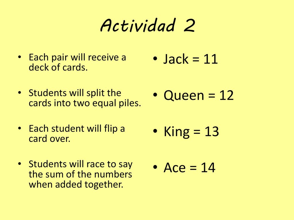 Actividad 2 Jack = 11 Queen = 12 King = 13 Ace = 14