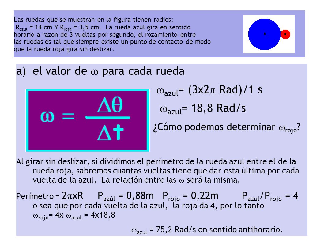 el valor de  para cada rueda azul= (3x2 Rad)/1 s azul= 18,8 Rad/s
