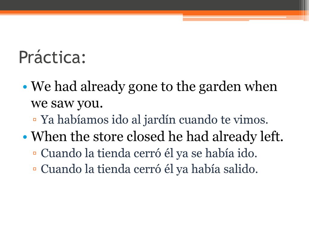 Práctica: We had already gone to the garden when we saw you.