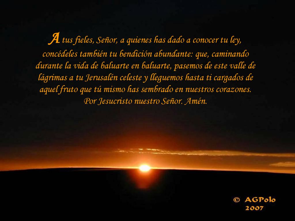 A tus fieles, Señor, a quienes has dado a conocer tu ley, concédeles también tu bendición abundante: que, caminando durante la vida de baluarte en baluarte, pasemos de este valle de lágrimas a tu Jerusalén celeste y lleguemos hasta ti cargados de aquel fruto que tú mismo has sembrado en nuestros corazones.