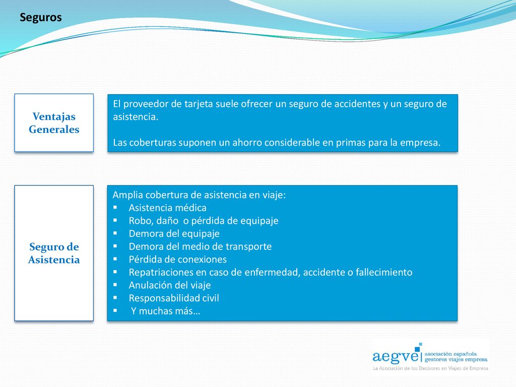 Seguros Ventajas. Generales. El proveedor de tarjeta suele ofrecer un seguro de accidentes y un seguro de asistencia.