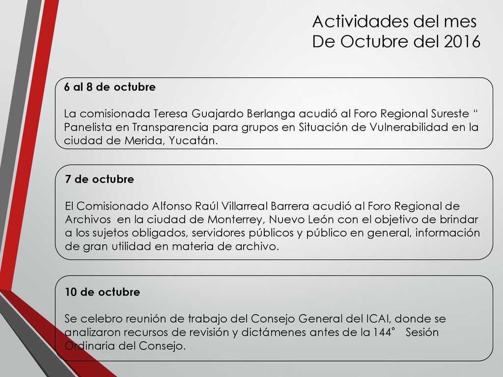 Actividades del mes De Octubre del al 8 de octubre