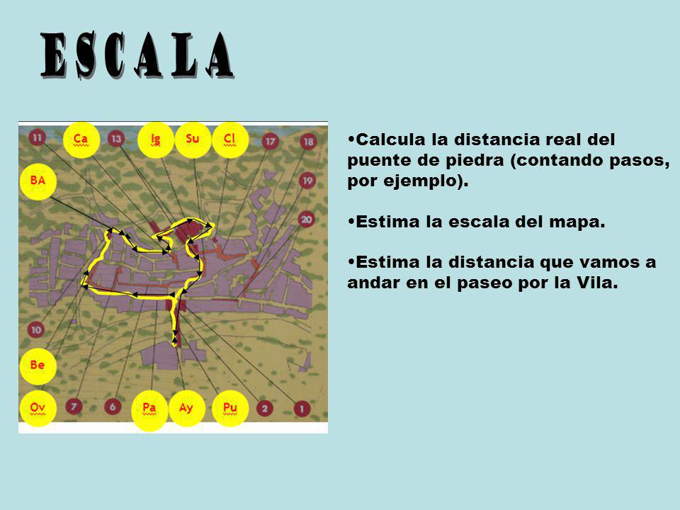 ESCALA Calcula la distancia real del puente de piedra (contando pasos, por ejemplo). Estima la escala del mapa.