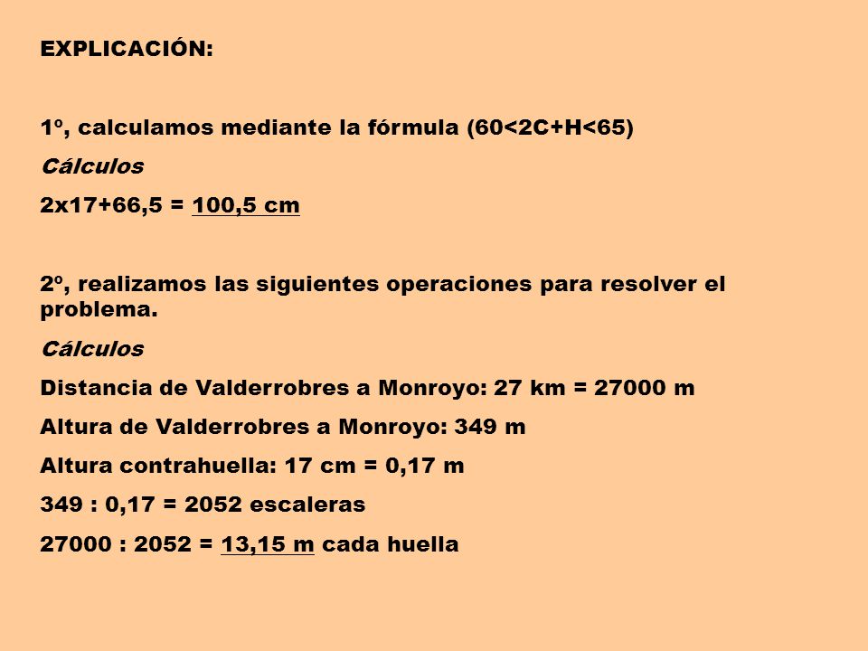 EXPLICACIÓN: 1º, calculamos mediante la fórmula (60<2C+H<65) Cálculos. 2x17+66,5 = 100,5 cm.