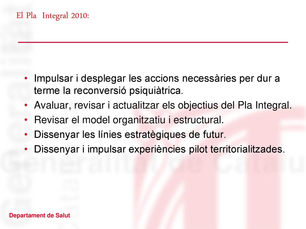 El Pla Integral 2010: Impulsar i desplegar les accions necessàries per dur a terme la reconversió psiquiàtrica.