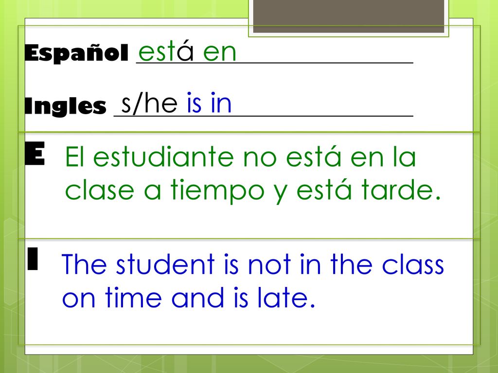 está en Español _________________________. Ingles ___________________________. s/he is in. E.