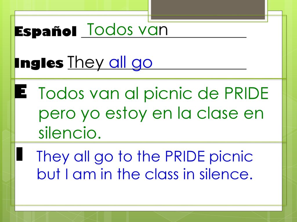 Todos van Español _________________________. Ingles ___________________________. They all go. E.