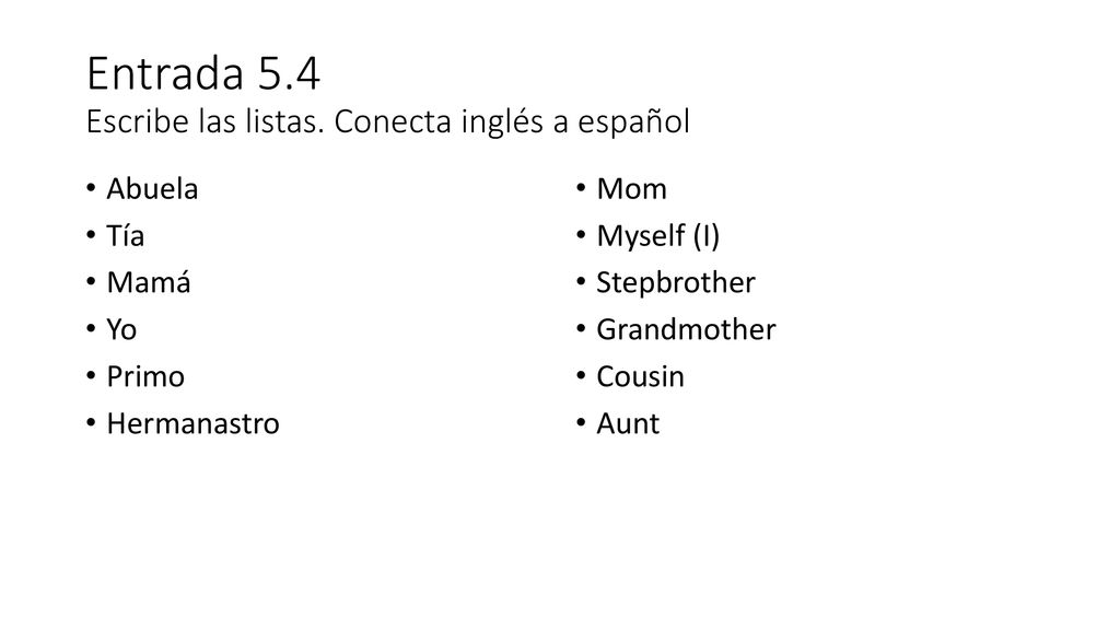 Entrada 5.4 Escribe las listas. Conecta inglés a español