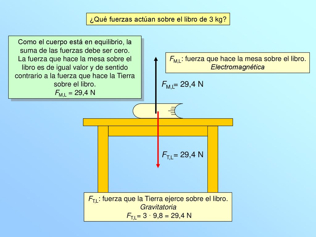 FM,L = 29,4 N FT,L= 29,4 N ¿Qué fuerzas actúan sobre el libro de 3 kg